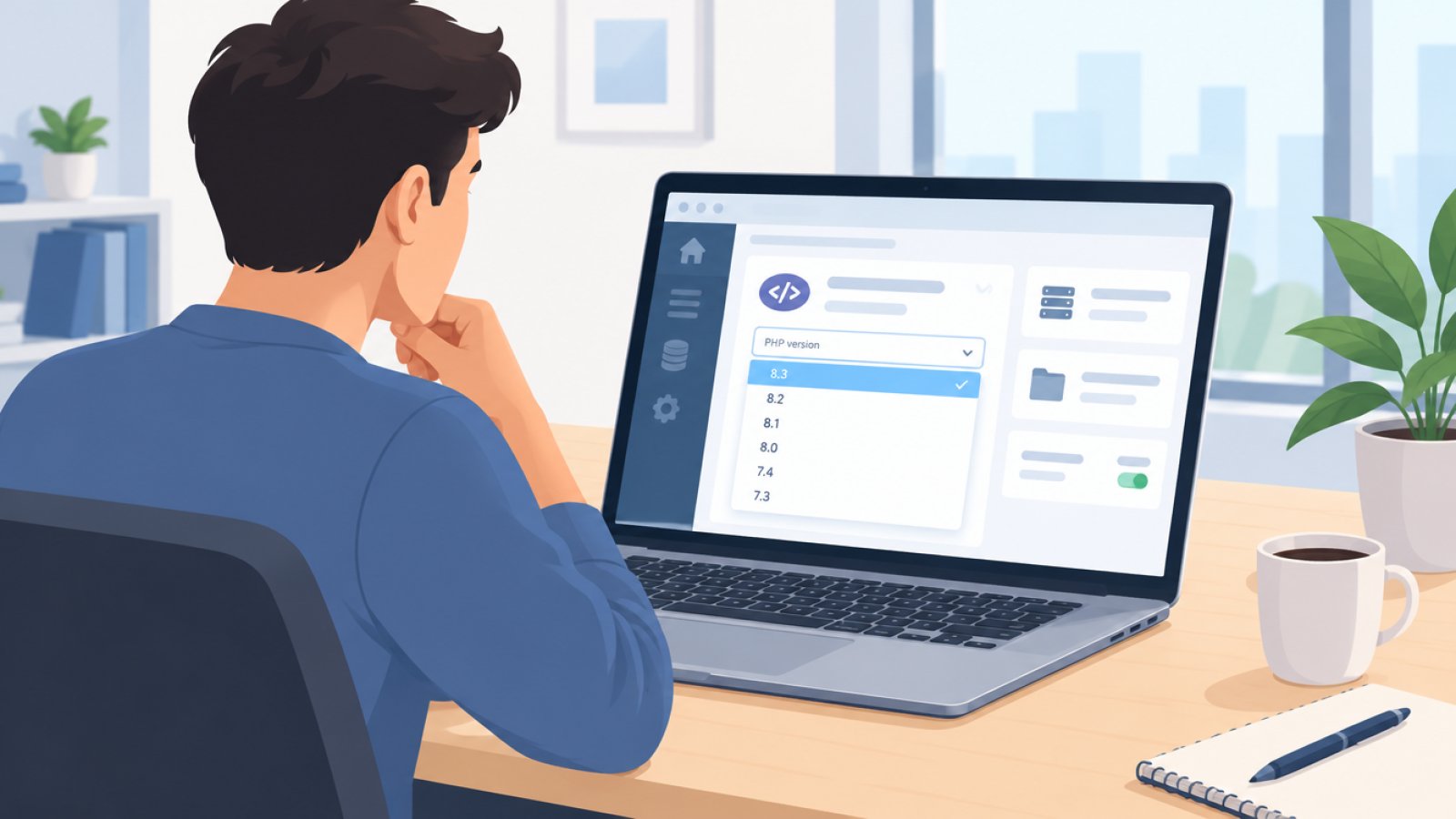 A person at a laptop looking at a hosting panel with PHP version settings, in a bright office