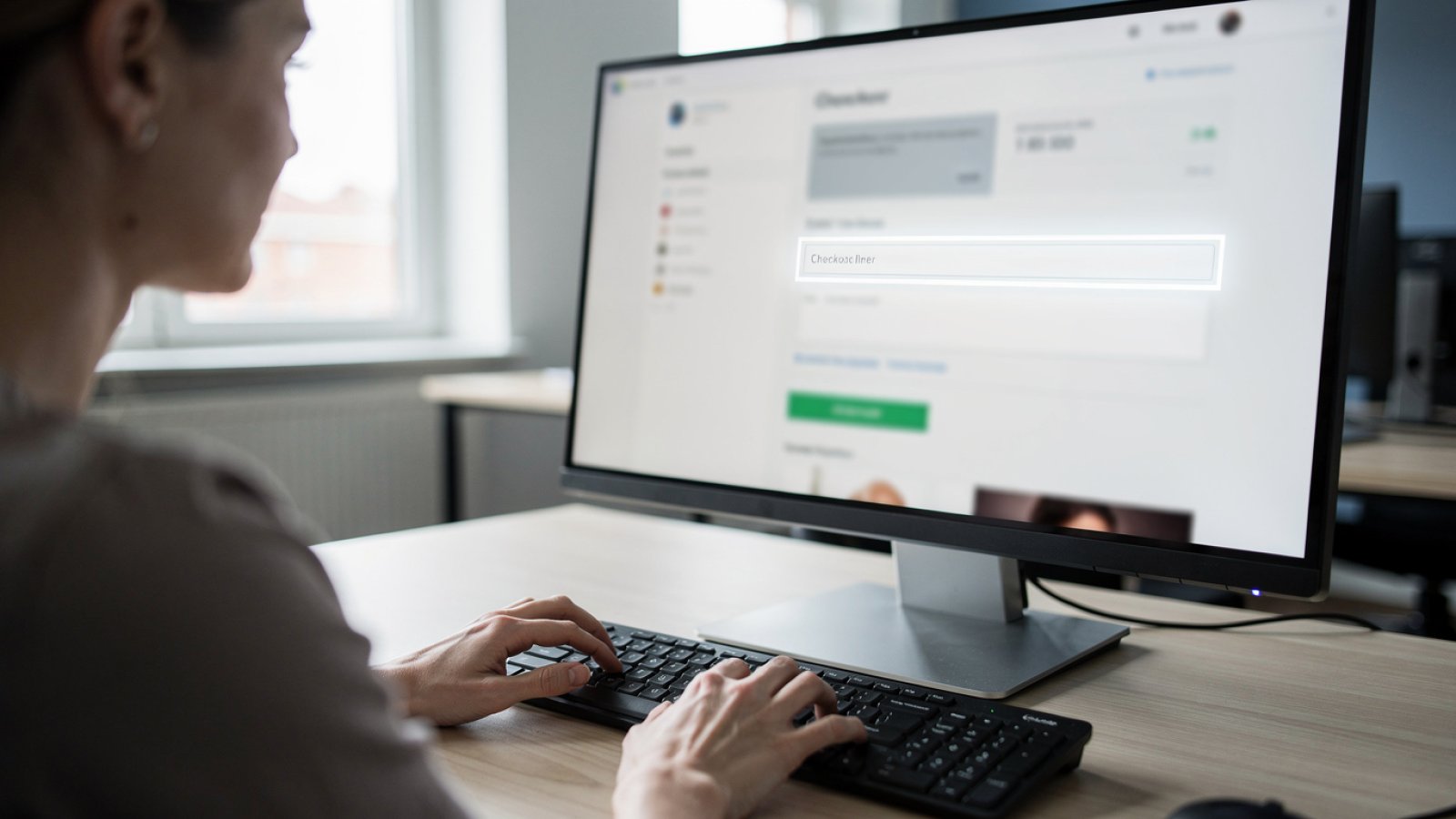 Närbild på en person som tabbar sig genom en webbutiks kassa med tangentbord, där fokusmarkeringen syns tydligt kring ett formulärfält