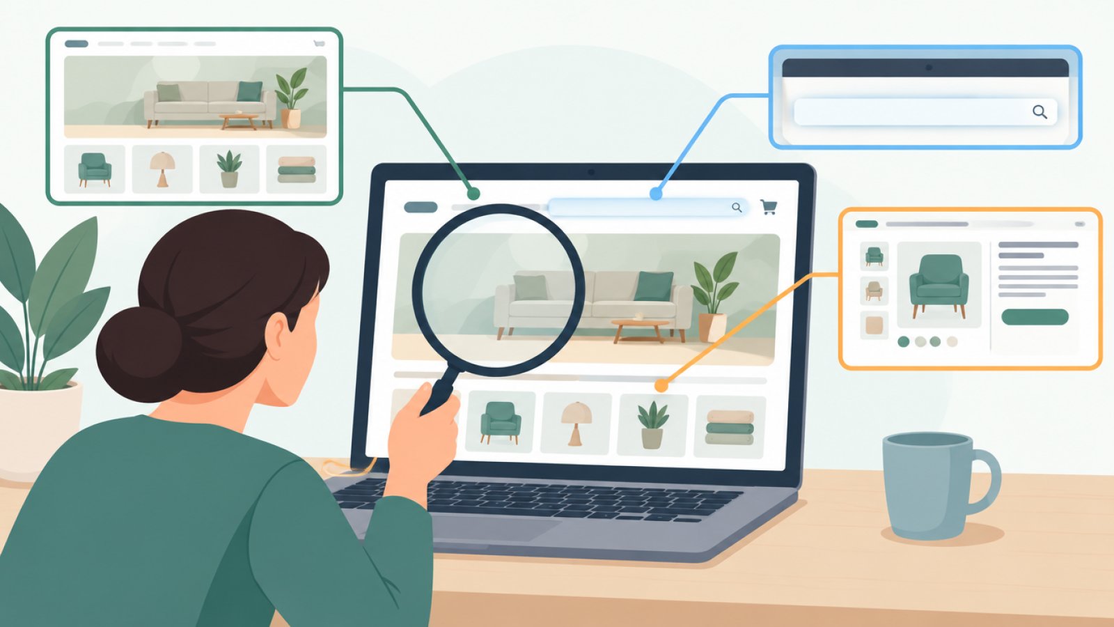 Stiliserad bild av en webbutik som granskas med ett förstoringsglas, med markerade delar som startsida, produktsida och sökfält