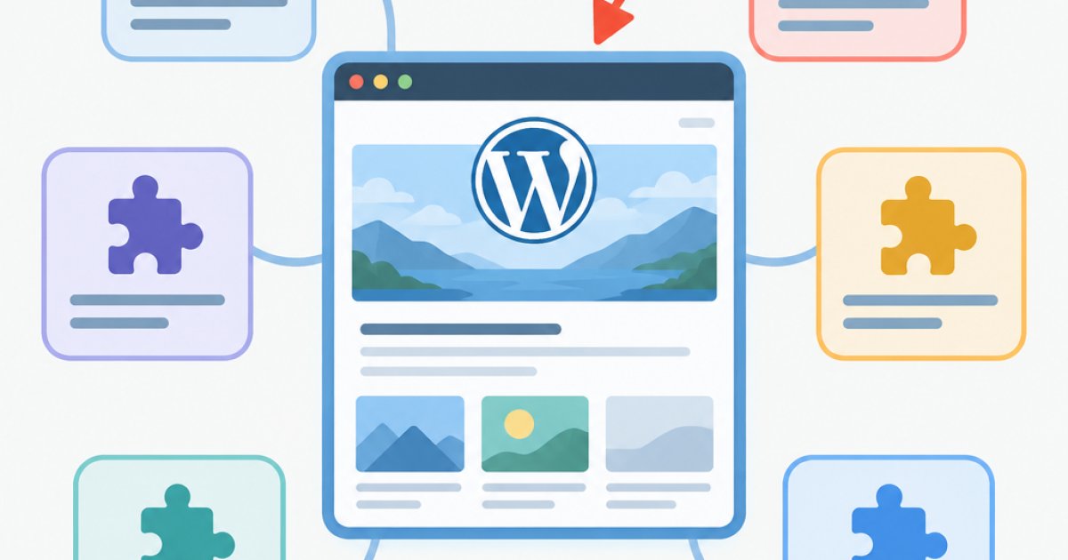 Illustration of a WordPress site as a box surrounded by six smaller boxes for plugins, with one plugin marked by a warning triangle and an arrow pointing into the site