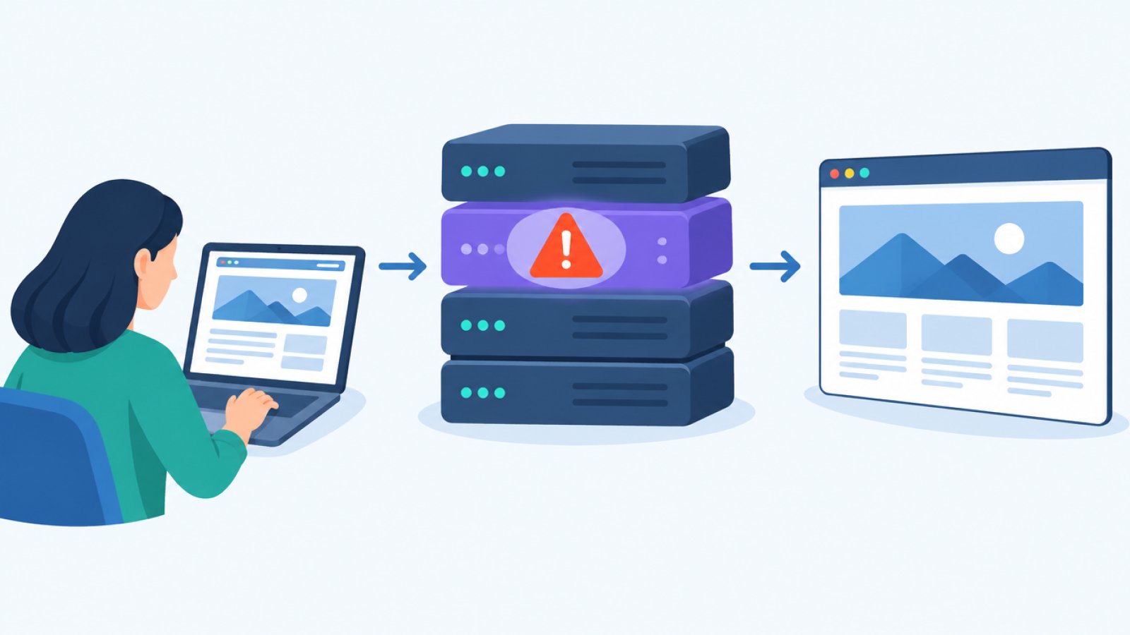 A simplified picture of a web server where a layer labeled PHP sits between the visitor and the site, with a warning mark on the PHP layer
