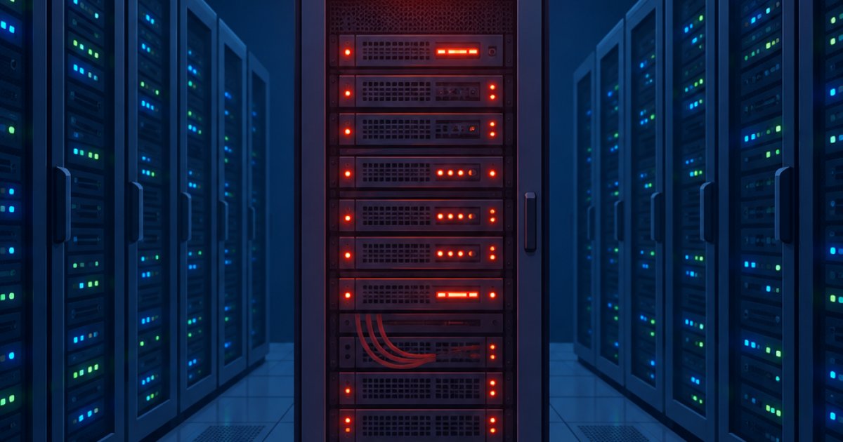 Server room with rows of servers in dim light, one marked with a warning light