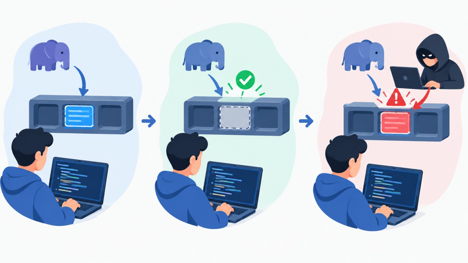 A flat, simple illustration in three steps from left to right: PHP puts data in a memory slot, the slot is emptied and marked free, then an attacker puts their own data in the same slot while PHP is still reading from it, marked with a red warning symbol