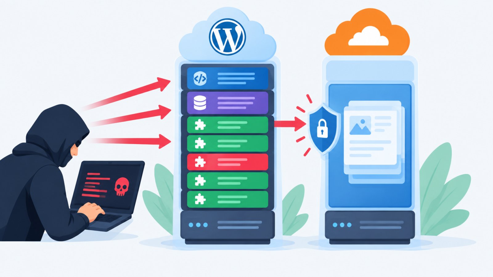 Två kolumner bredvid varandra. Vänster kolumn märkt WordPress på server visar staplade lager: PHP, databas och fem tillägg, där ett tillägg är markerat rött. Höger kolumn märkt Astro på Cloudflare visar bara ett lager: färdiga sidor, utan PHP och databas. Pilar från en angripare går in mot båda kolumnerna, men stoppas vid höger kolumn.