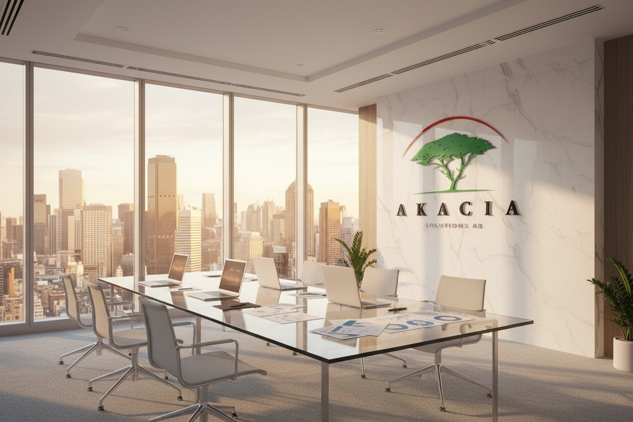 Modern corporate office space with glass conference room featuring Akacia Solutions AB logo on metal nameplate, strategic documents and blueprints spread across meeting table.
