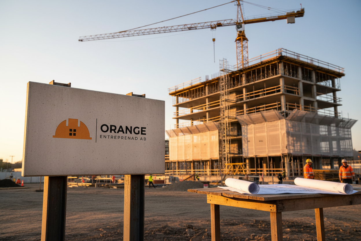 Construction site with Orange Entreprenad's logo on a concrete sign in the foreground, modern building under construction and yellow crane in the background.