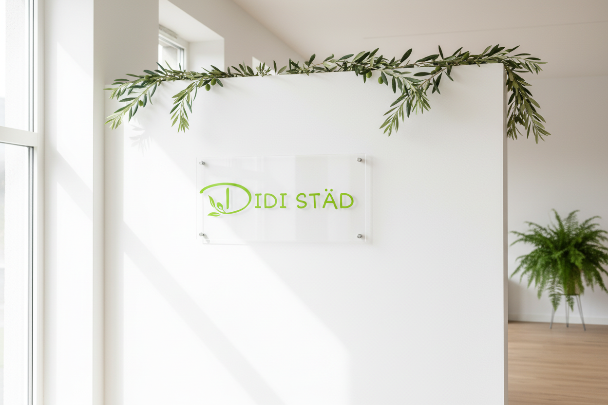Bright, modern interior with white wall, olive branches and Didi städ logo on elegant wall-mounted sign