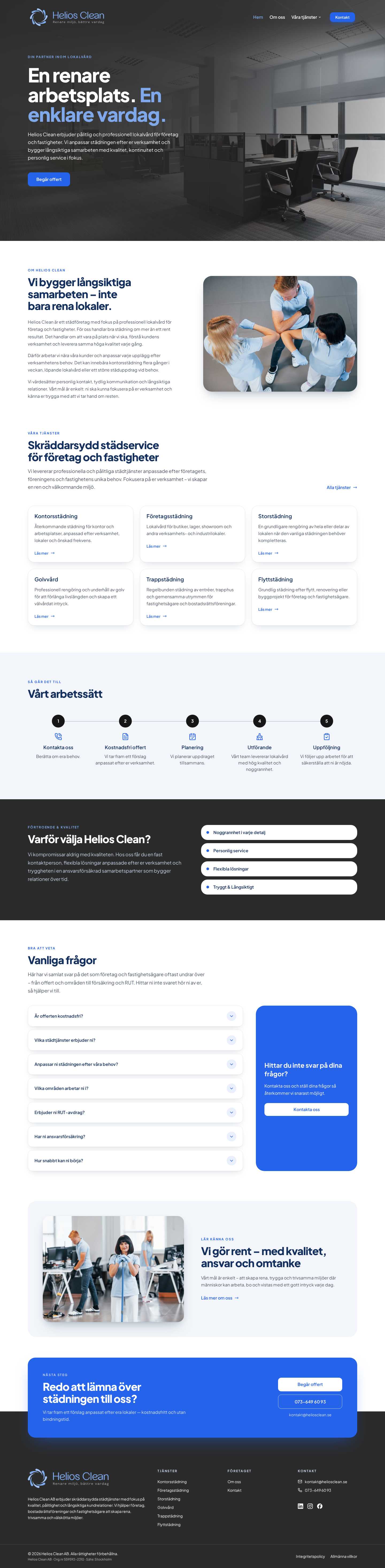 Helios Clean · We built a digital presence for Helios Clean AB with a domain, email, starter package and Office Brand Kit for their cleaning services in Stockholm.