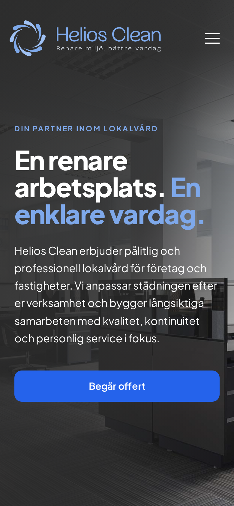 Helios Clean · We built a digital presence for Helios Clean AB with a domain, email, starter package and Office Brand Kit for their cleaning services in Stockholm.