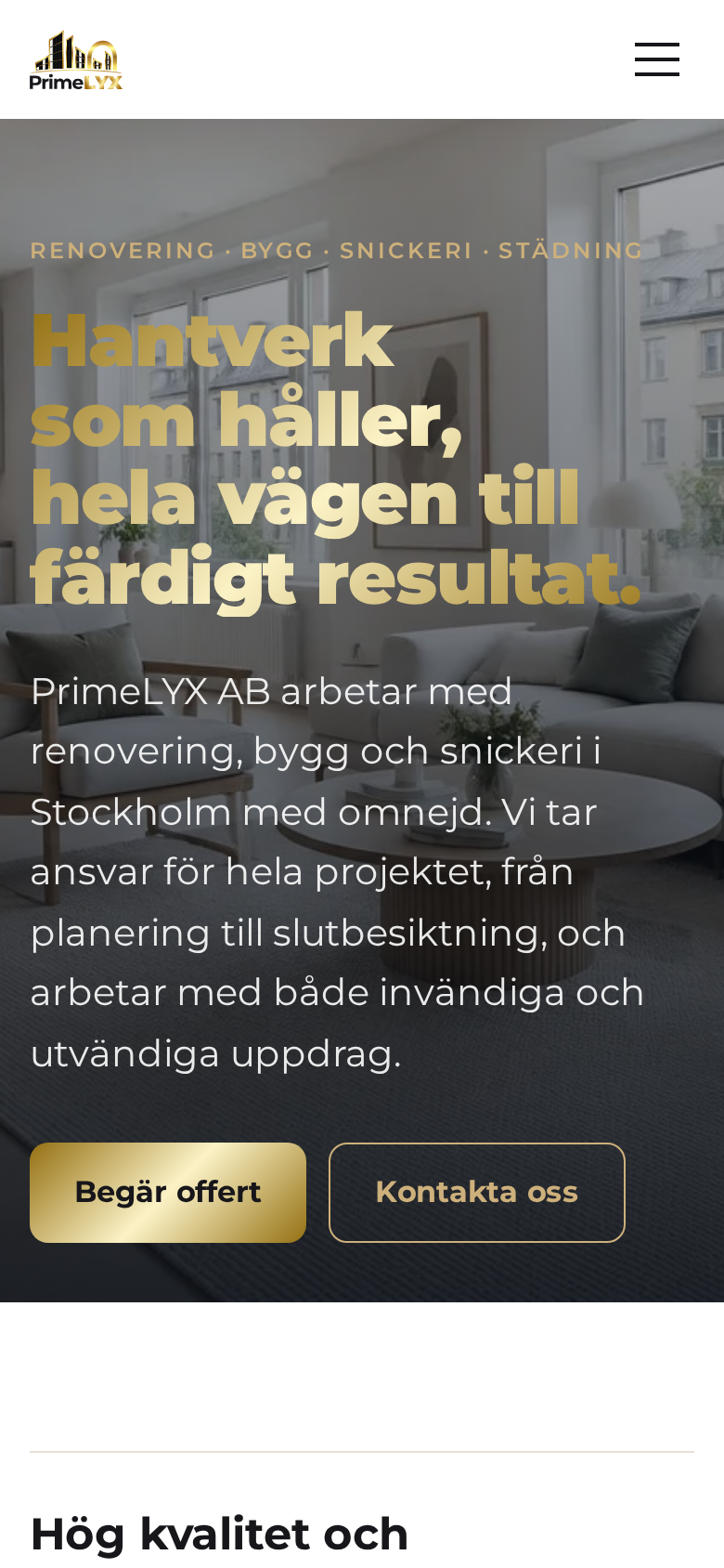 PrimeLYX AB · We created a website with a .SE domain and a professional email address for PrimeLYX AB, which offers renovation, construction, carpentry and cleaning in Stockholm.