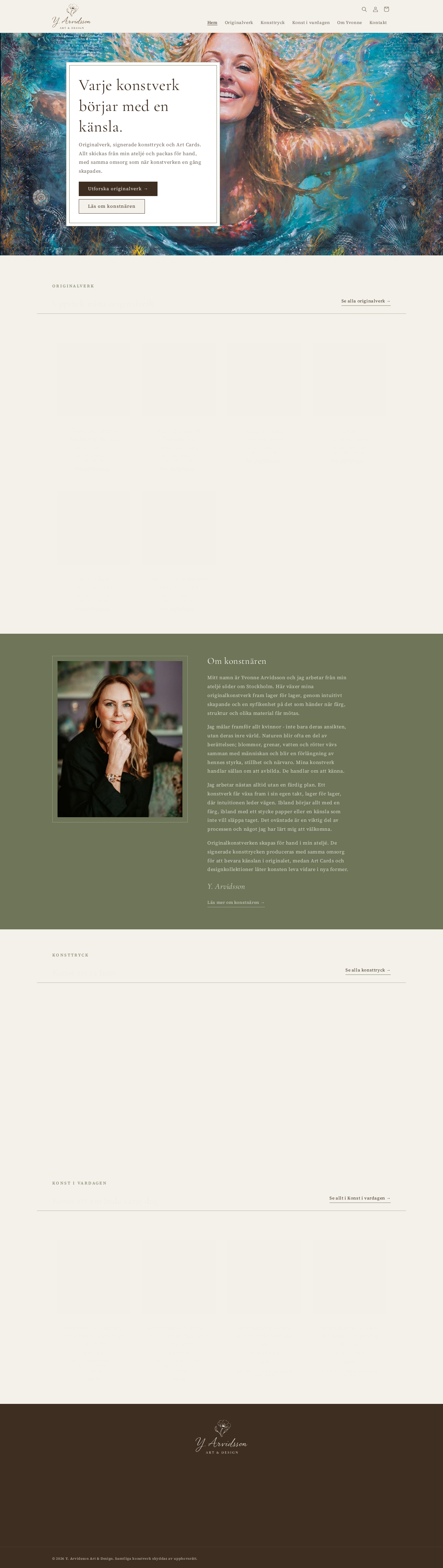 Y. Arvidsson Art & Design · Vi har byggt en webbutik för Y. Arvidsson Art & Design där konstnären Yvonne Arvidsson säljer originalverk, konsttryck och kort.