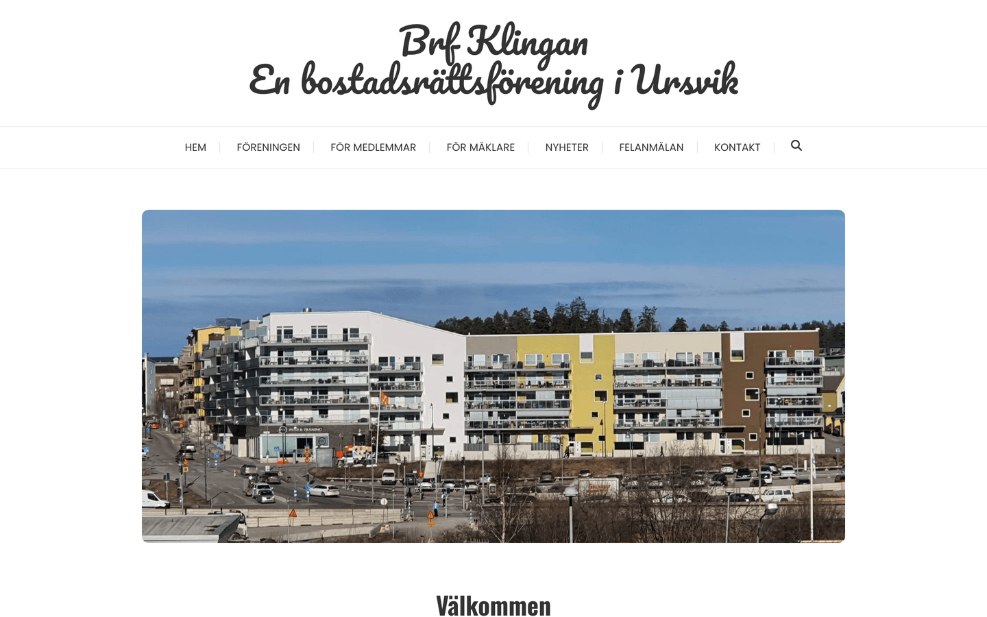 Brf Klingan's landing page with the tagline "A housing cooperative in Ursvik" and a photo of the association's buildings