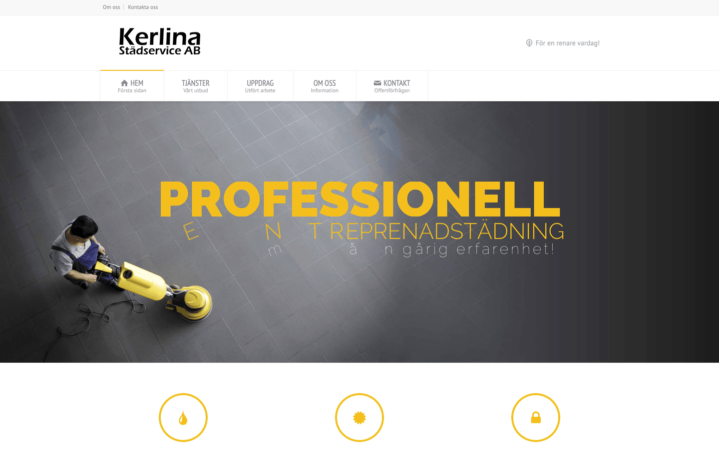 Kerlina Städservice's landing page with the headline "Professional contract cleaning" and a photo of cleaning work